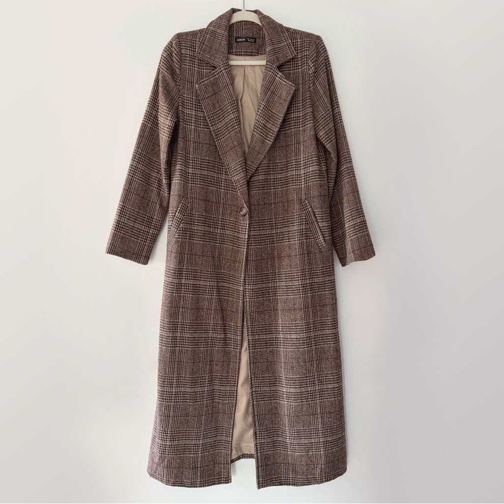 Shein Brown Plaid Long Trench Coat